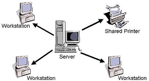 Star network topology indicated with server, connected terminals and network printer.